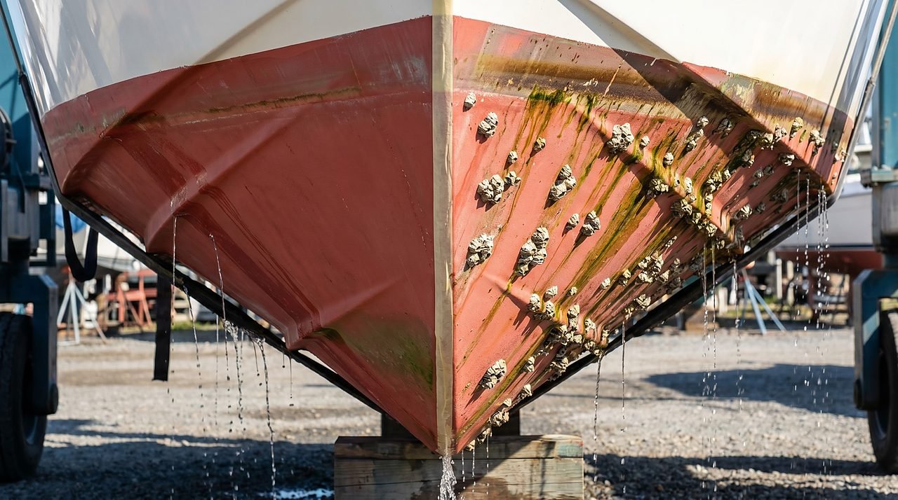boat hull comparison after haulout showing clean copper-free section versus barnacle-fouled section