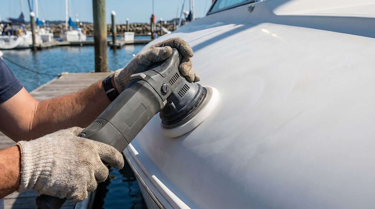 dual-action polisher with foam waxing pad being worked across a fiberglass boat hull