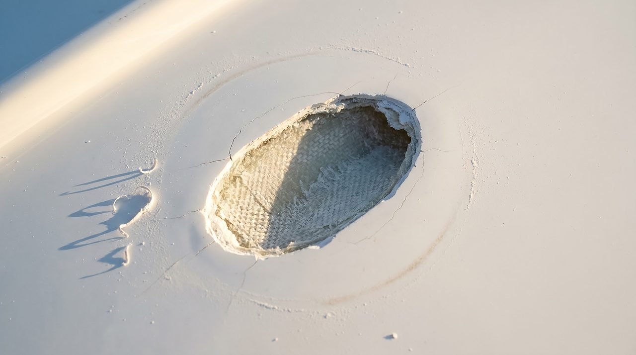 close-up of a deep gelcoat gouge with exposed fiberglass laminate at the center