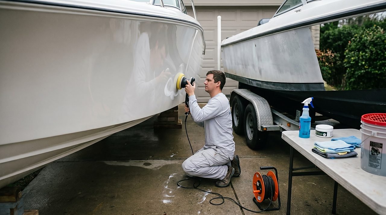boat owner polishing the gelcoat hull of a trailered runabout during a DIY detailing session