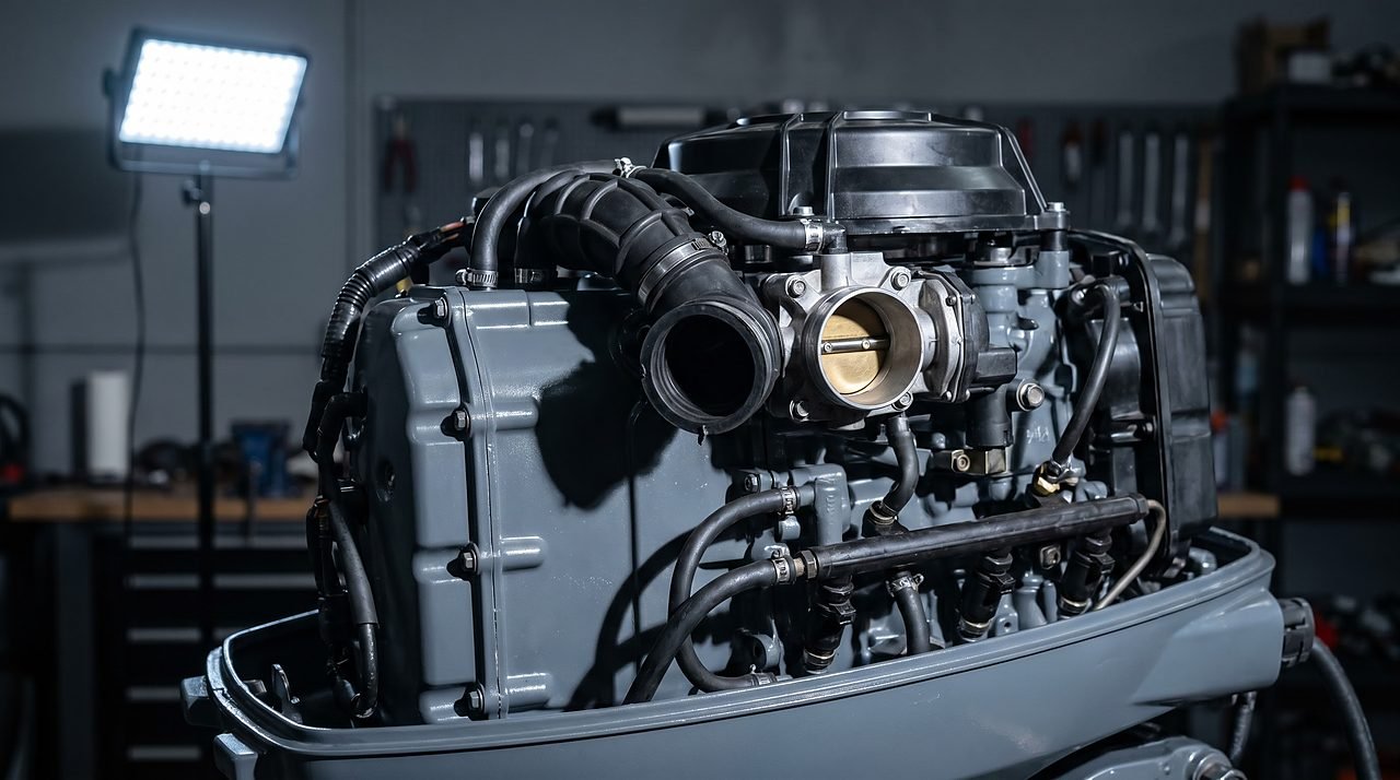 EFI outboard throttle body and air intake assembly showing components that should not receive fogging spray