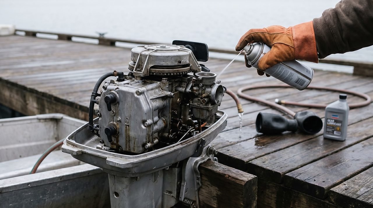 hand applying fogging oil spray into a carbureted outboard engine carburetor at dock