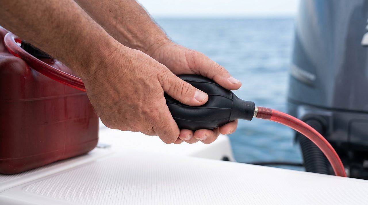 hands squeezing a black rubber fuel primer bulb on an outboard fuel line