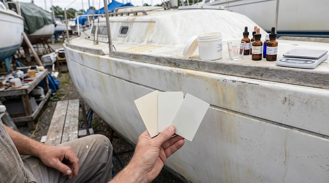 cured gelcoat test chips held against an aged hull surface for color comparison in daylight