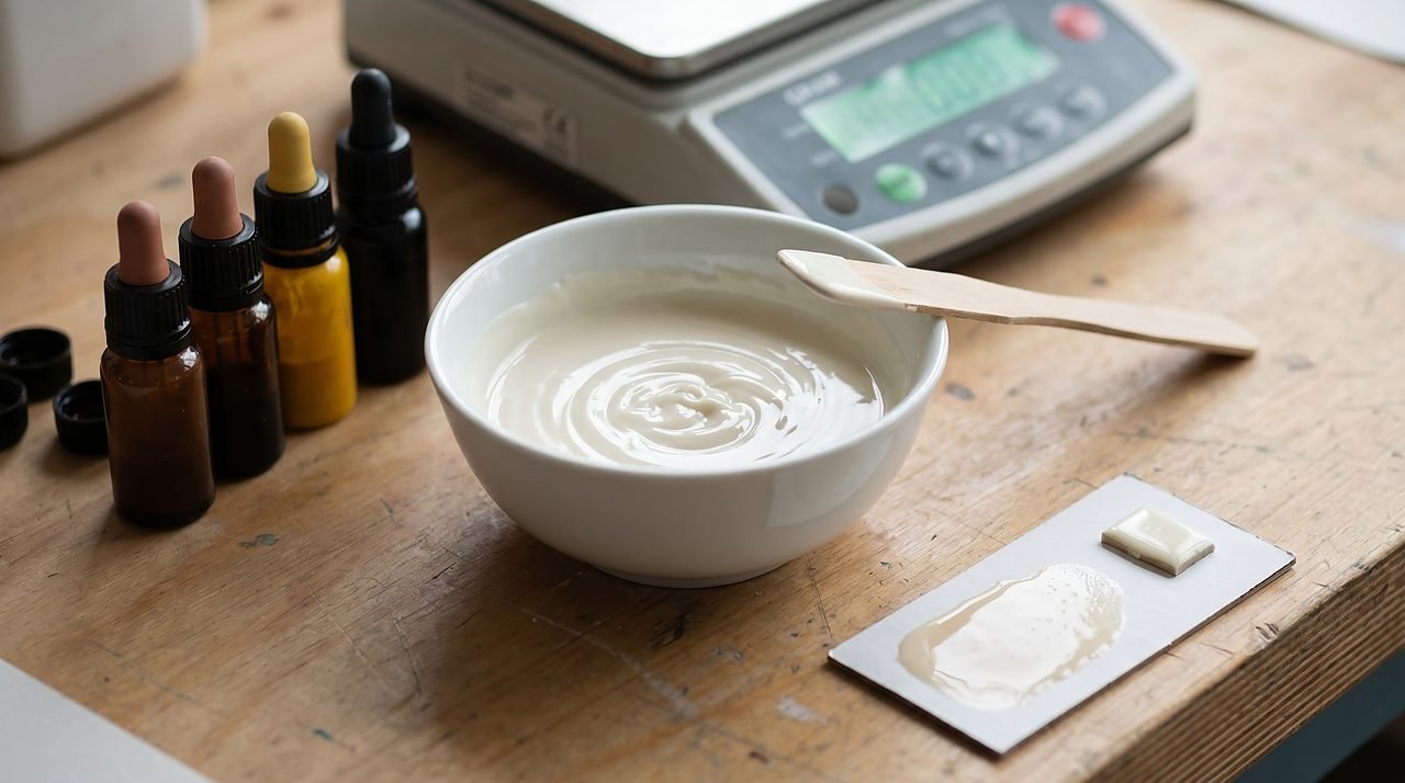 gelcoat pigment mixing on a workbench scale with dropper bottles and white base
