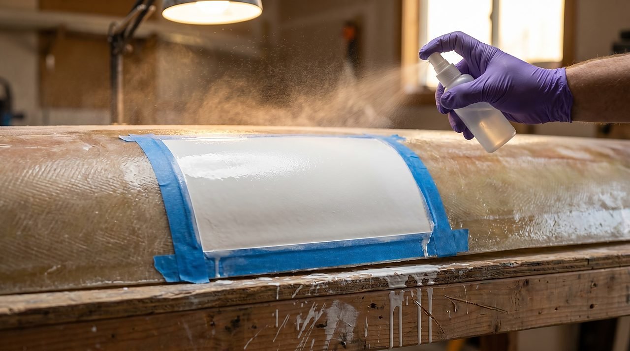 PVA release film being sprayed over a wet gelcoat repair patch to prevent air inhibition