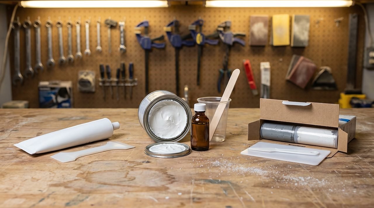 three gelcoat repair kit types arranged on a workbench for comparison