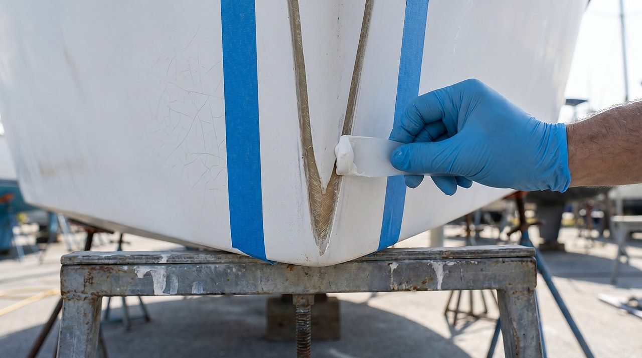 fresh gelcoat paste being pressed into a V-groove crack on a white fiberglass boat hull