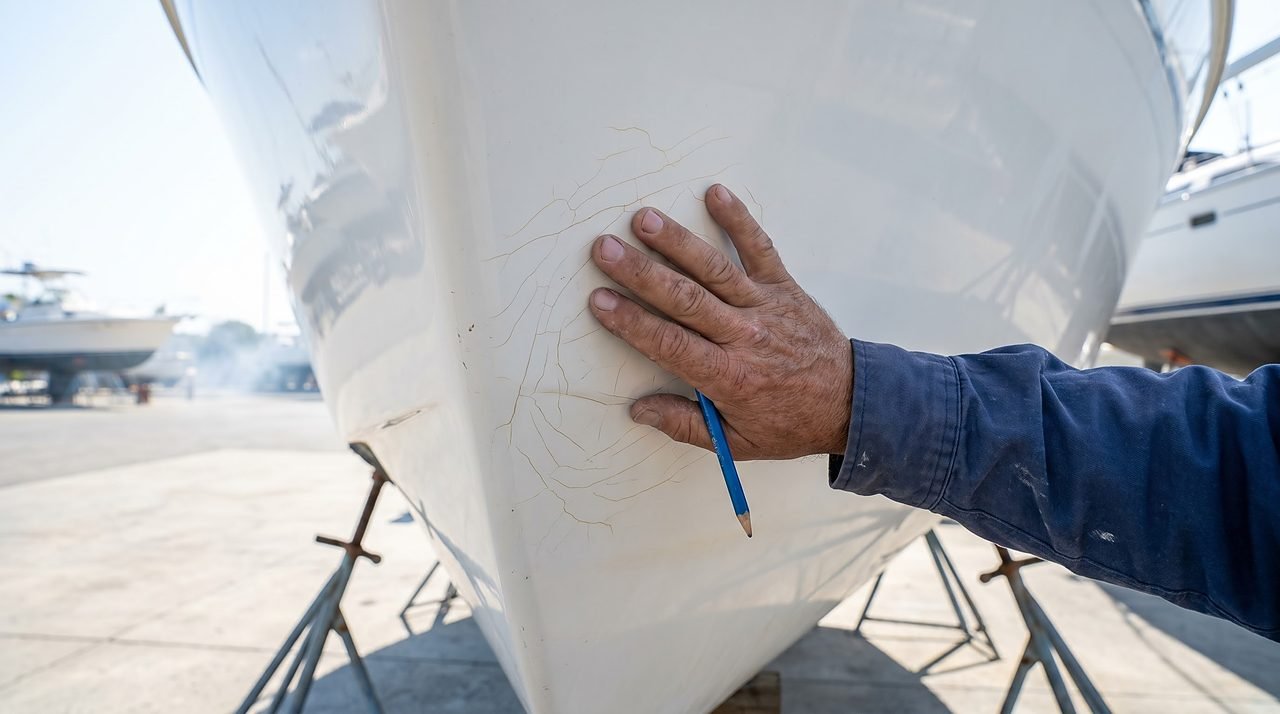 hand performing a tap test on a crazing fiberglass boat hull to check for delamination