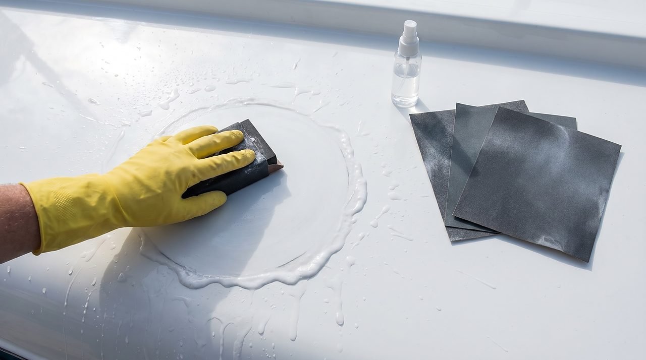 wet-sanding a gelcoat repair patch with a rubber block and 400-grit sandpaper on a boat hull