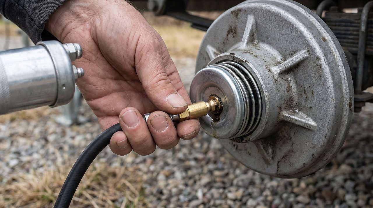 hand-lever grease gun connecting to bearing protector zerk fitting on trailer hub