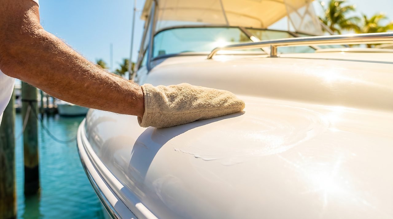 gloved hand applying paste wax to white fiberglass hull in a sunny tropical marina