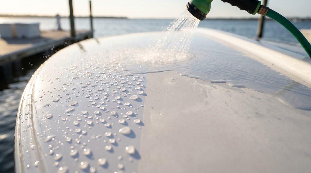 water beading on a freshly waxed boat hull section next to a sheeting unprotected gelcoat zone