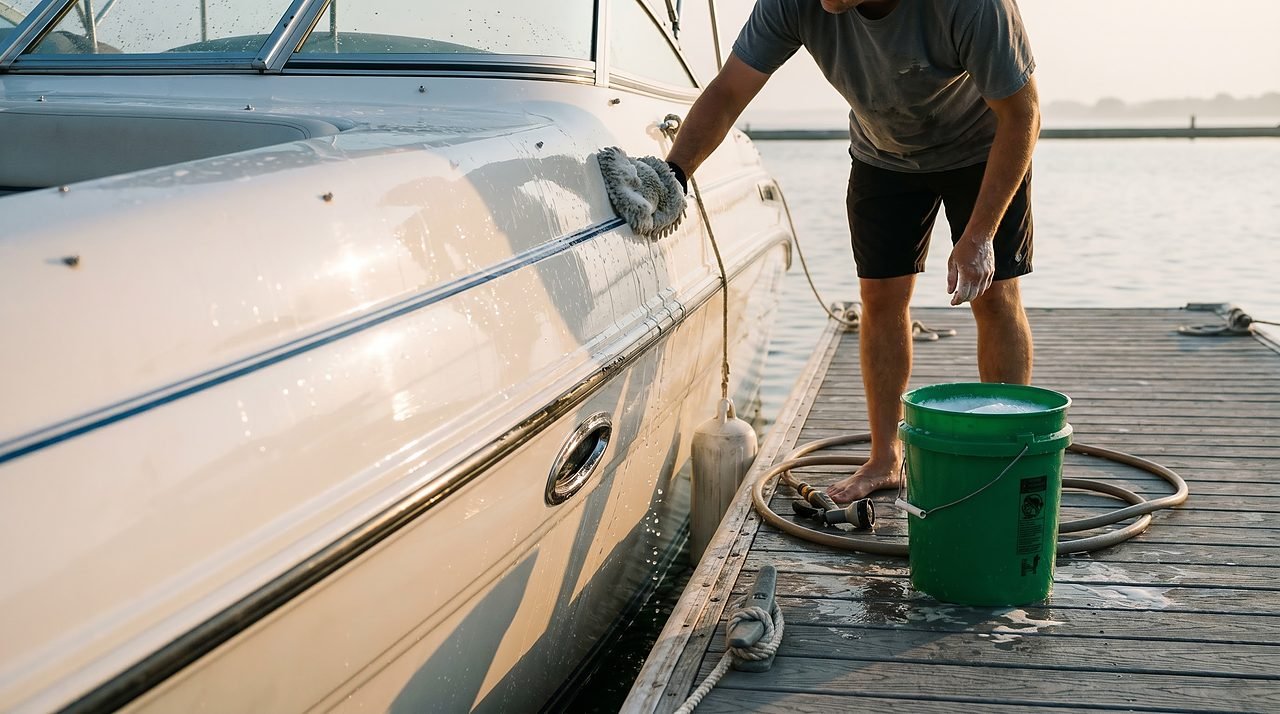 boat owner scrubbing white fiberglass hull with a wash mitt at a marina dock