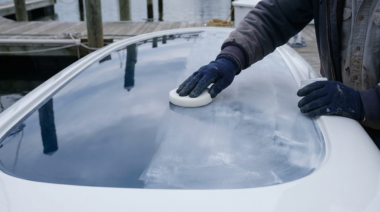gloved hands applying wax to a fiberglass boat hull, buffed strip showing deep gloss beside a hazed section