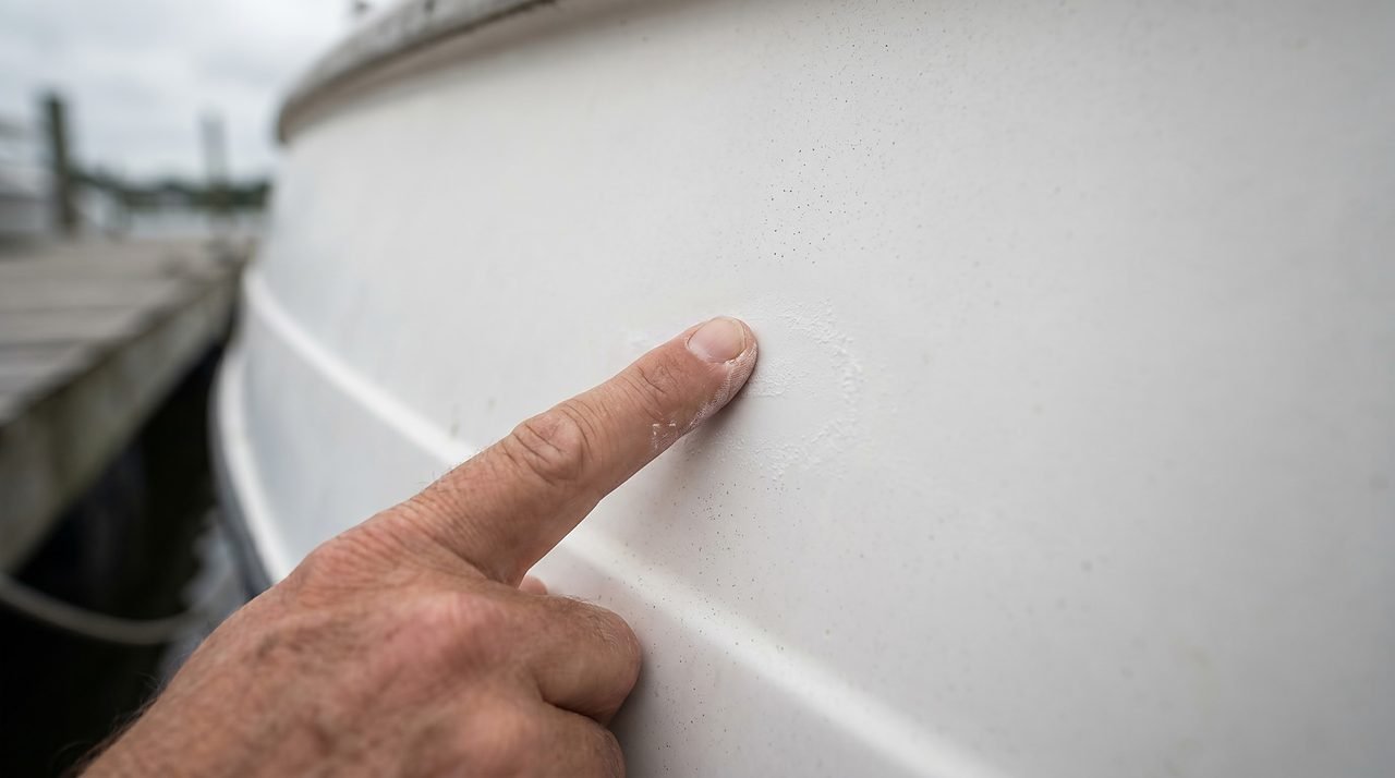 fingertip swipe on a dull fiberglass hull showing chalk residue that signals oxidation