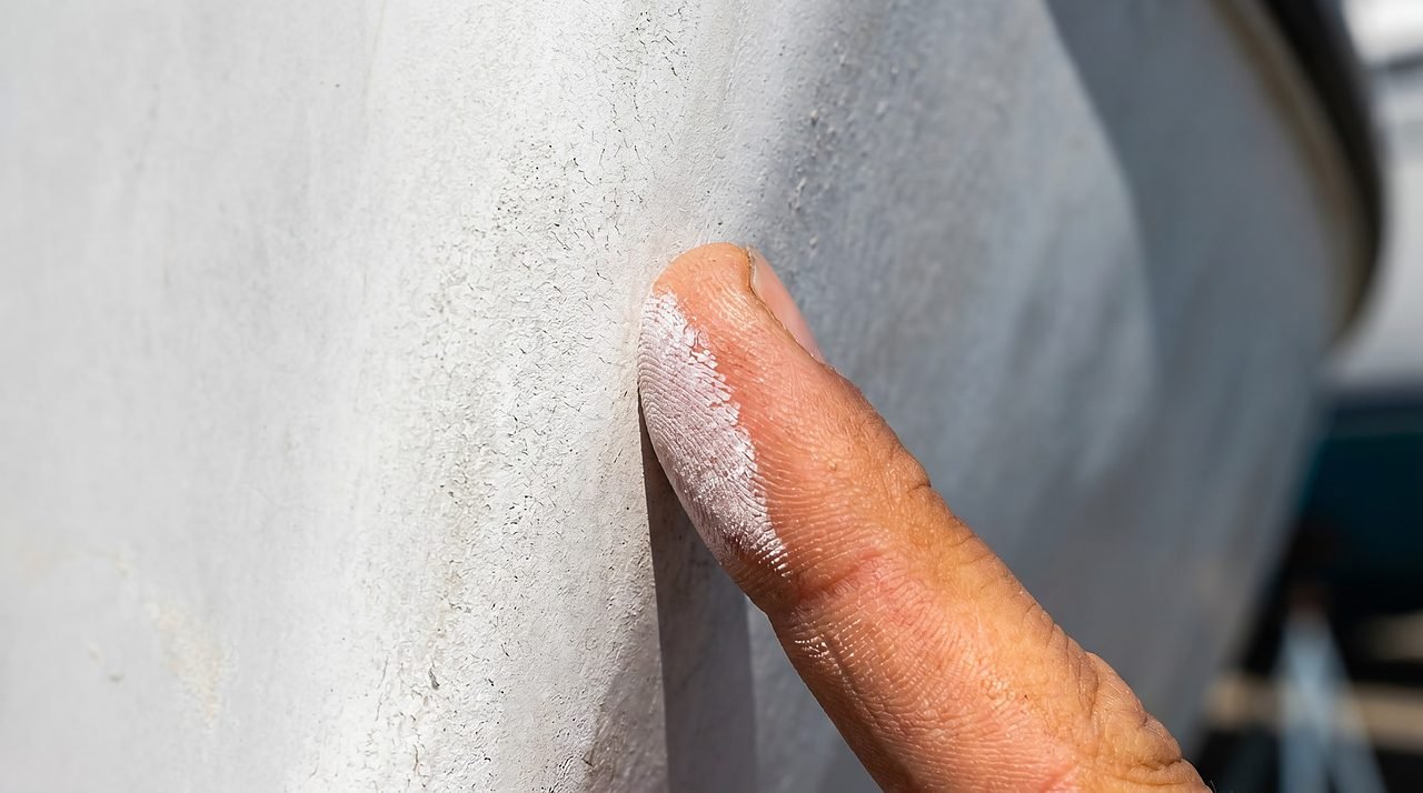 fingertip pressed to oxidized gelcoat showing white chalky residue of the swipe test
