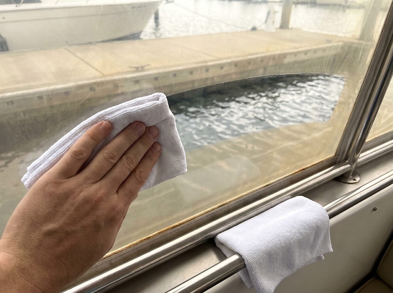 wiping a hazy clear vinyl isinglass boat window with a microfiber cloth to restore clarity