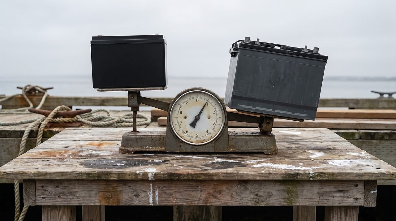 lightweight lithium marine battery next to heavier flooded battery on a dock scale