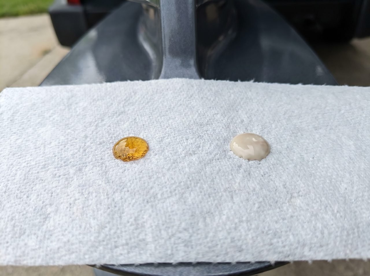 two lower-unit gear oil samples on a white rag showing healthy amber versus milky contaminated oil