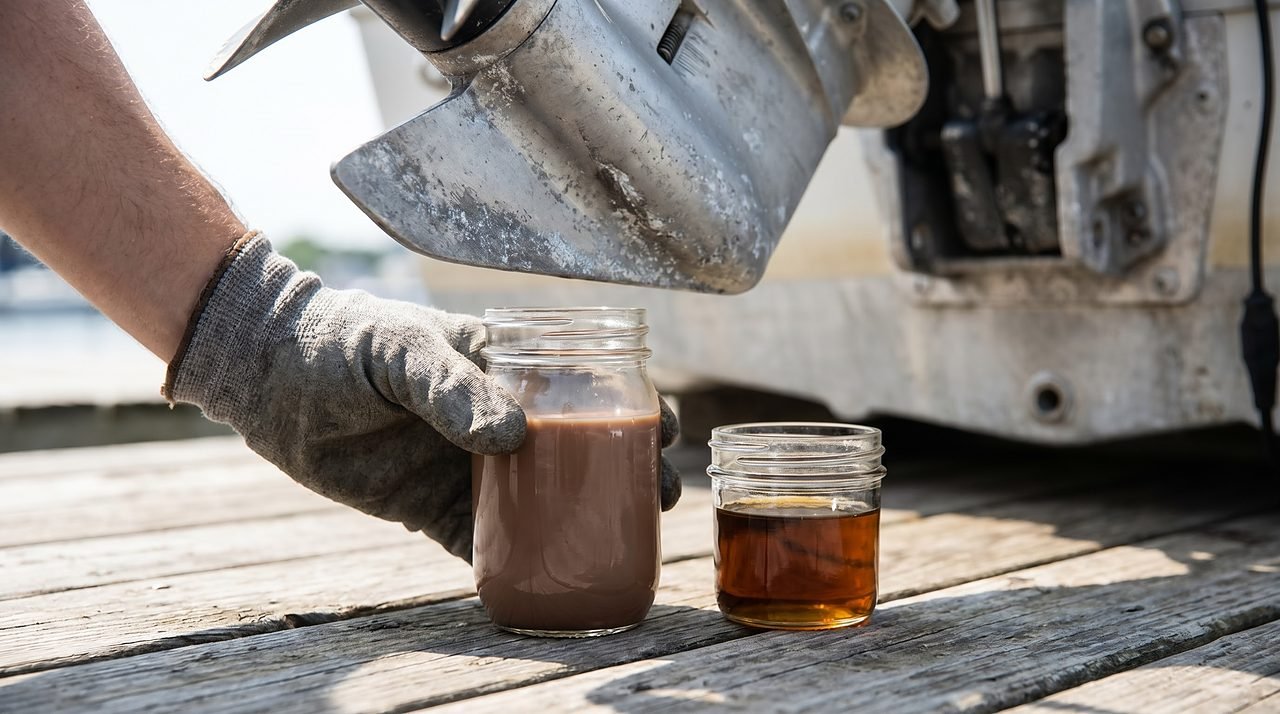 Milky chocolate-colored lower unit gear oil in a drain jar showing water contamination beside healthy amber oil