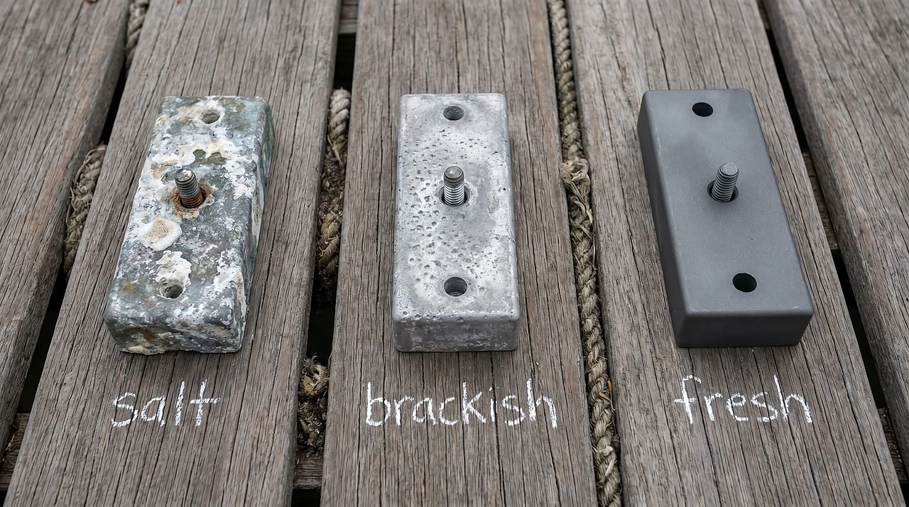 zinc, aluminum, and magnesium marine anodes compared by water type on a dock