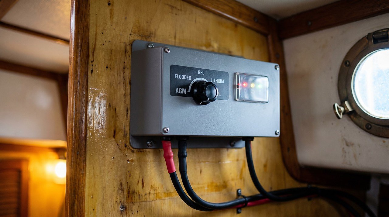 marine battery charger dial set to AGM mode on a boat bulkhead