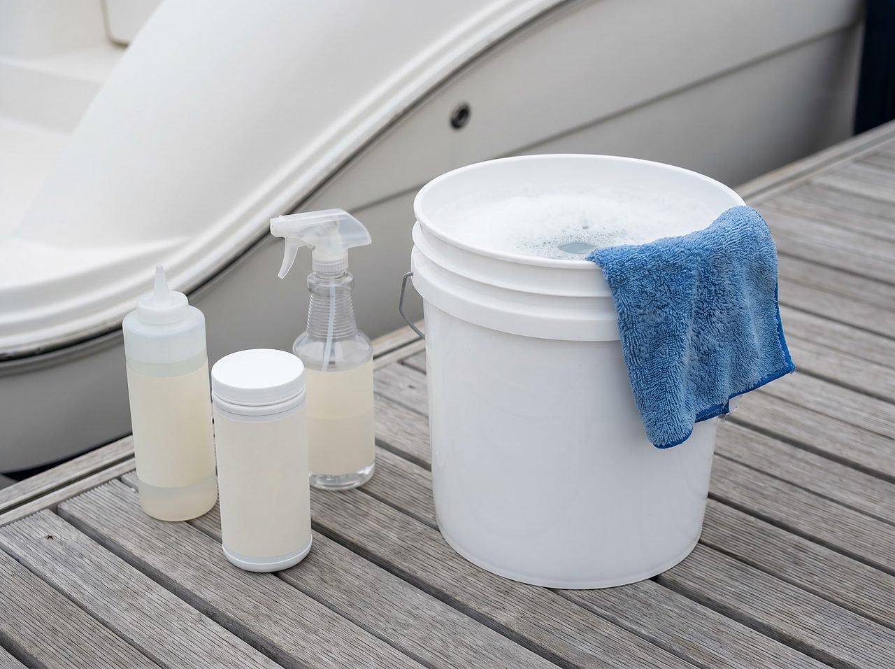 pH-neutral marine boat soap bottles and wash bucket arranged on a dock beside a fiberglass hull