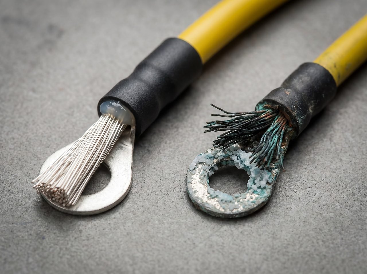 side-by-side comparison of clean tinned marine wire terminal versus corroded bare copper terminal