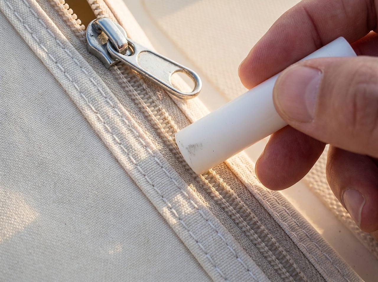 applying wax lubricant stick to marine canvas zipper teeth for corrosion prevention