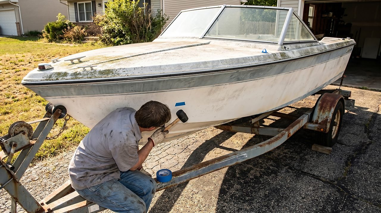 boat owner performing tap test on oxidized neglected fiberglass hull during restoration assessment