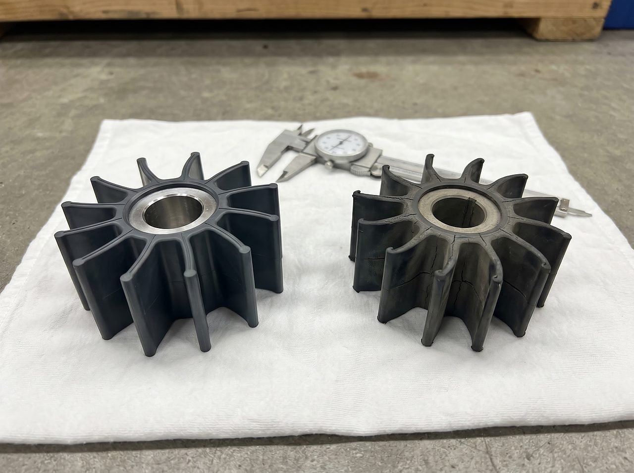 new and worn boat impeller side by side showing rubber vane fatigue and tip compression