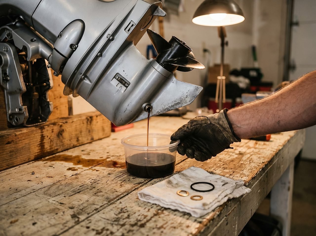 Lower unit gear oil draining from an outboard motor with drain washers laid out for inspection