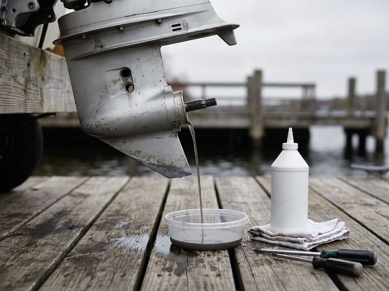 outboard lower unit draining gear oil into a catch pan during winterization