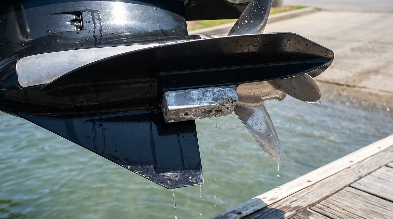 Generic outboard lower unit showing the trim-tab sacrificial anode location above the propeller