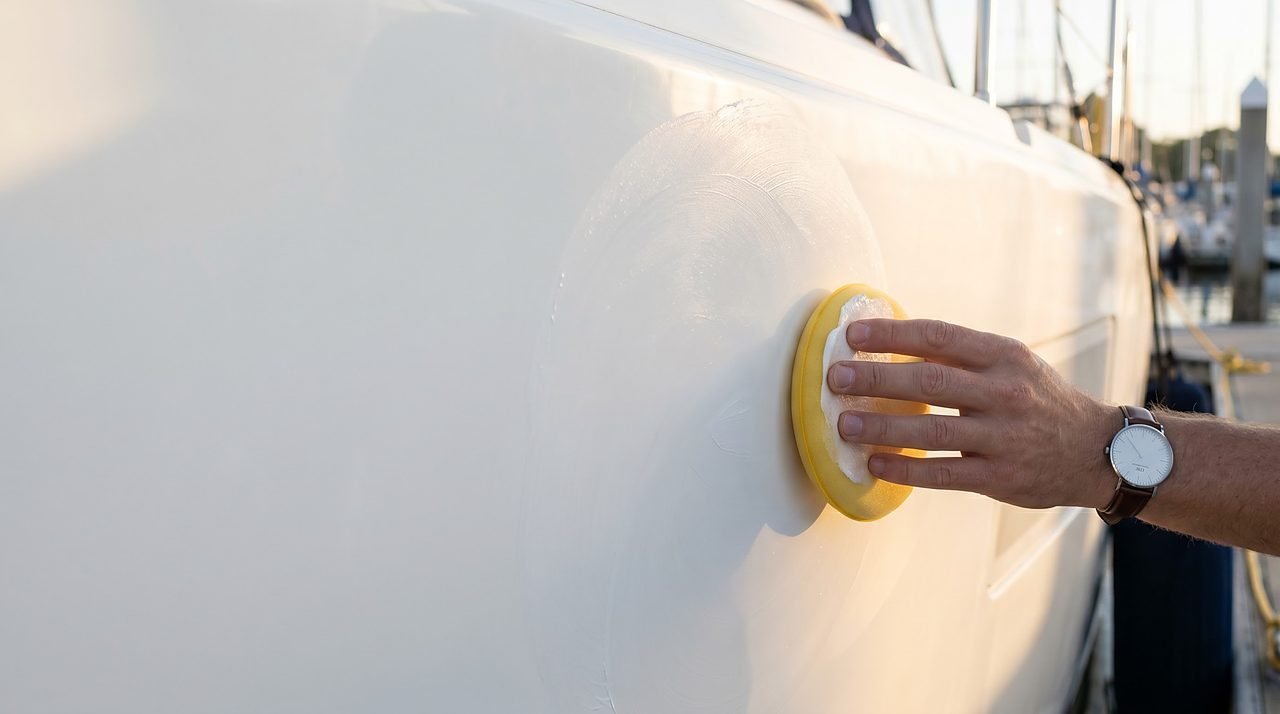 foam applicator pad spreading paste wax in circular sections on white gelcoat hull