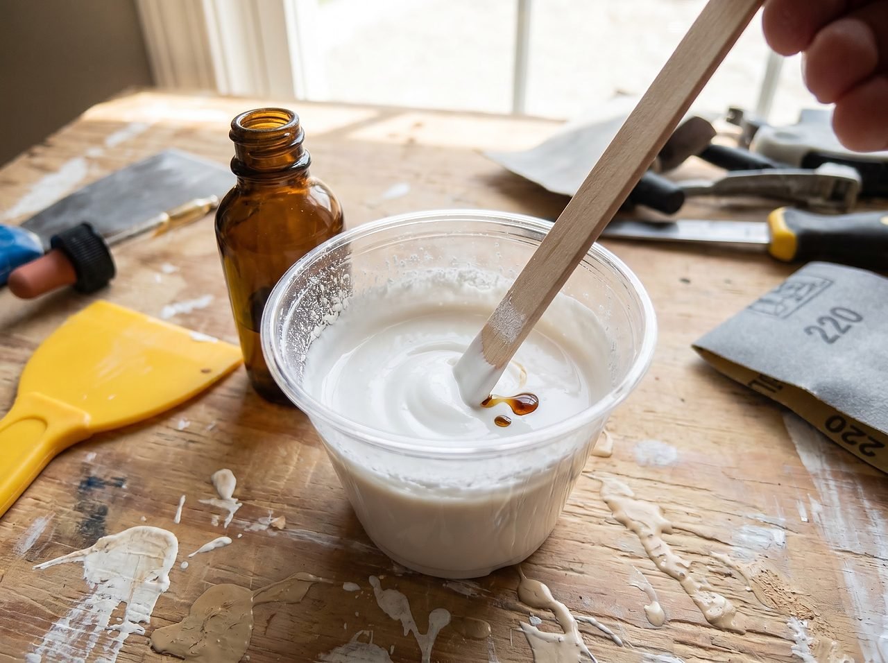 pigmented gelcoat being catalyzed with MEKP drops in a mixing cup