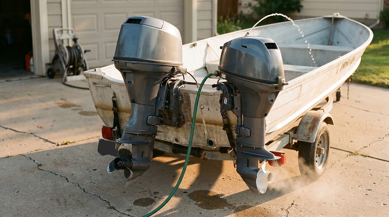 outboard motor flushing with garden hose on driveway after a boating trip