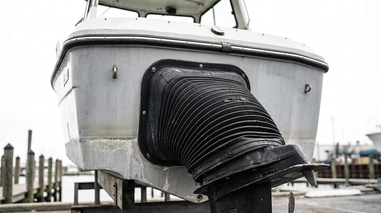 sterndrive bellows joint inspected for cracks after pulling boat from the water