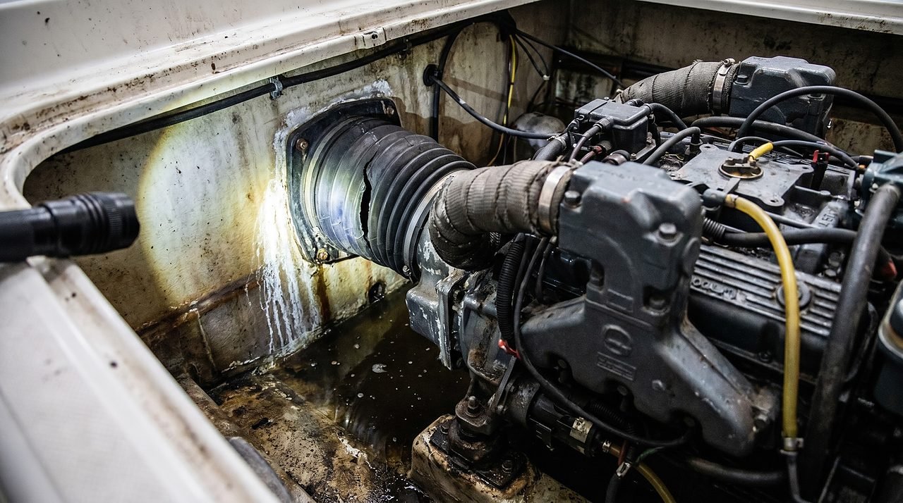 cracked sterndrive bellows with mineral staining on transom indicating water intrusion into bilge
