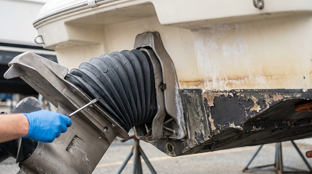 Close-up of a sterndrive bellows showing hairline cracks that indicate it needs replacement