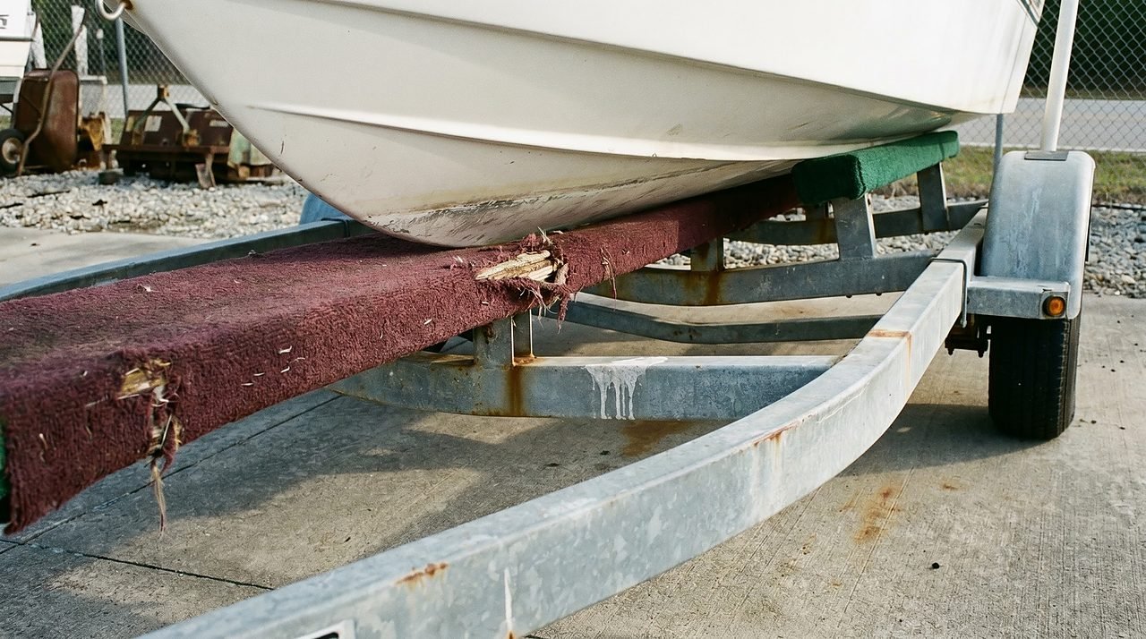boat trailer carpeted bunks showing wear where the fiberglass hull makes contact