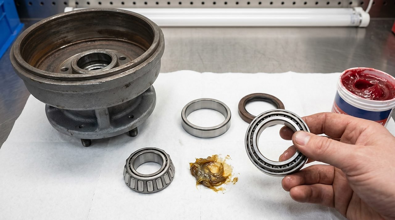 disassembled trailer hub with tapered roller bearings and rear seal laid out for annual repack