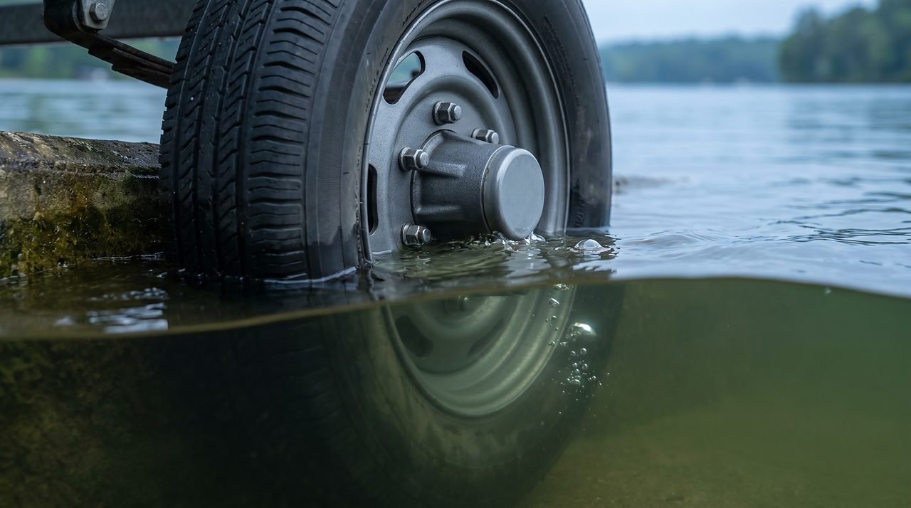 trailer wheel hub entering cold lake water at a concrete boat ramp during launching