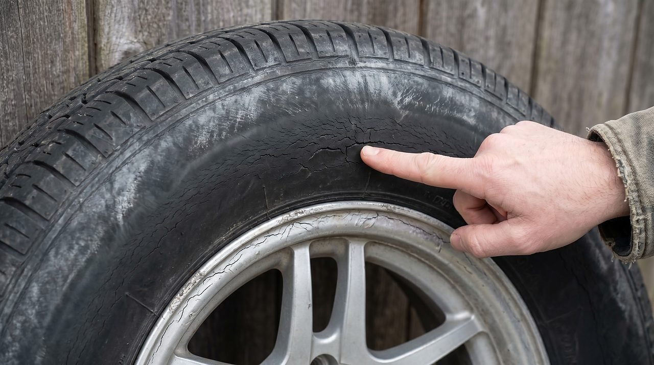 boat trailer tire sidewall with weathering cracks indicating age-related UV degradation