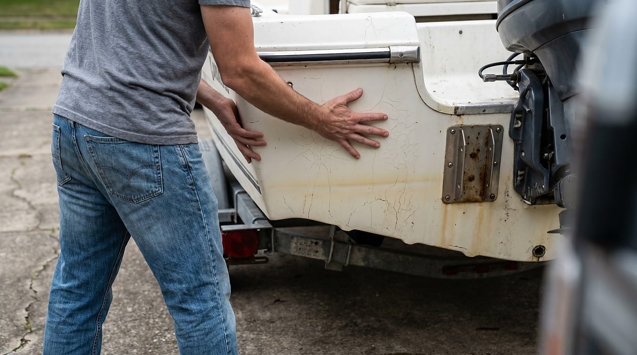buyer pressing palms against used boat transom to test for flex and core rot during inspection