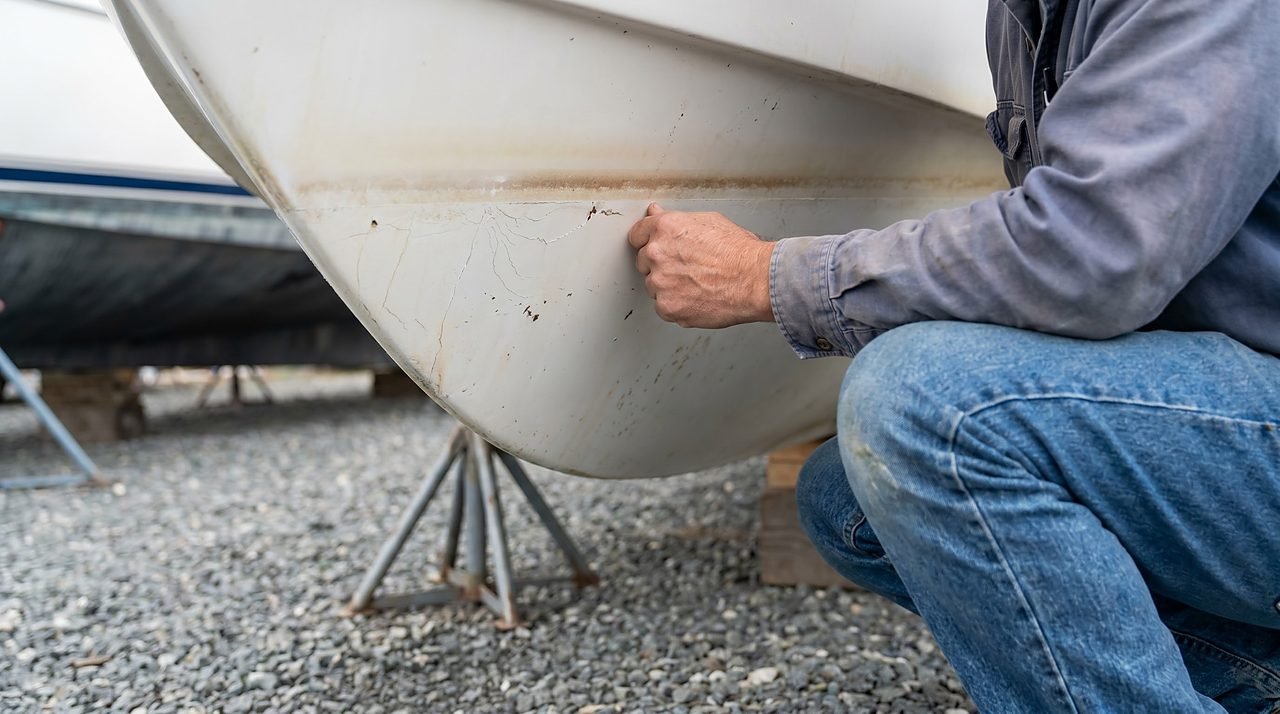 buyer performing hull tap test on used fiberglass boat hull in a dry-storage boatyard