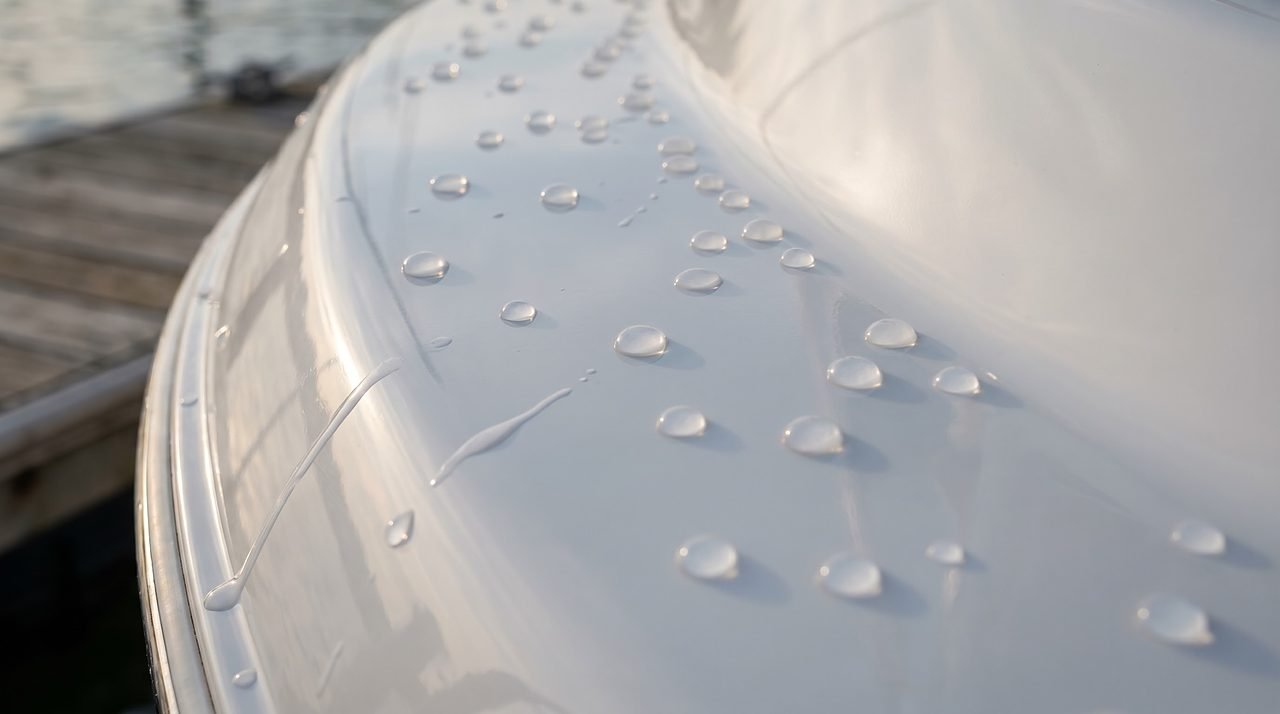 tight round water beads sitting on a freshly waxed white fiberglass boat hull gelcoat