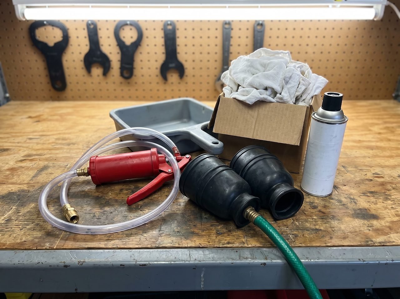 Basic DIY outboard winterization tool kit including flush muffs, gear lube pump, and drain pan