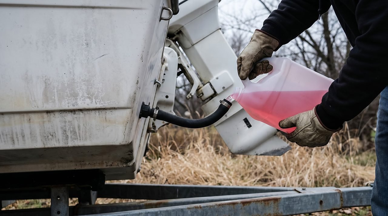 winterizing a boat by adding propylene glycol antifreeze to the raw-water inlet hose